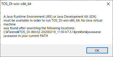A Java Runtime Environment (JRE) or Java Development Kit (JDK)
must be available in order to run TOS_DI-win-x86_64. No Java virtual machine
was found after searching the following locations:
C:\Talend\TOS_DI-Win32-20200219_1130-V7.3.1\jre\bin\javaw.exe
javaw.exe in your current PATH